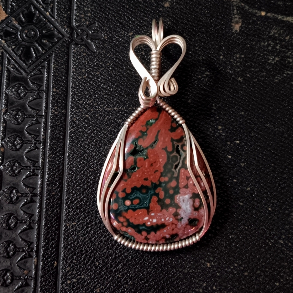 Ocean Jasper Pendant - Red and Silver Fairy Jewelry - Silver Wire Wrapped